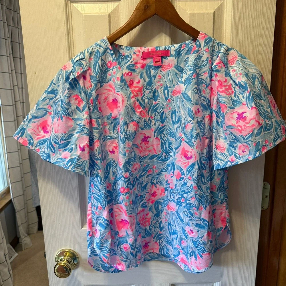 Lilly Pulitzer Ivee Top XS Bondi Blue My Little Peony Cotton Puff Sleeve V-Neck
